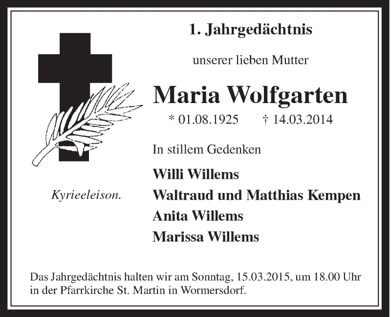  Traueranzeige für Maria Wolfgarten vom 04.03.2015 aus  Schaufenster/Blickpunkt 