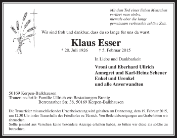 Anzeige von Klaus Esser von  Werbepost 