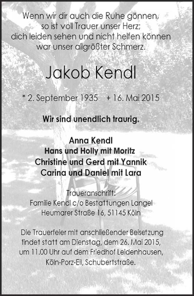  Traueranzeige für Jakob Kendl vom 20.05.2015 aus  Kölner Wochenspiegel 