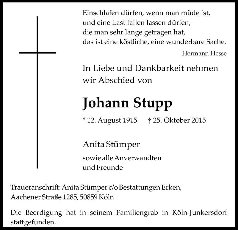  Traueranzeige für Johann Stupp vom 07.11.2015 aus Kölner Stadt-Anzeiger / Kölnische Rundschau / Express