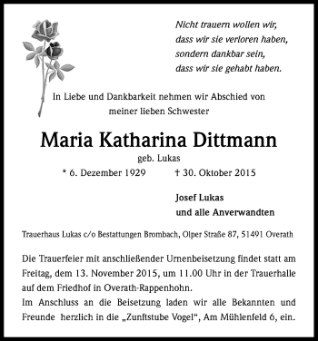Anzeige von Maria Katharina Dittmann von Kölner Stadt-Anzeiger / Kölnische Rundschau / Express