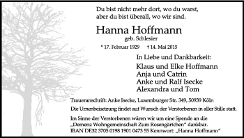 Anzeige von Hanna Hoffmann von Kölner Stadt-Anzeiger / Kölnische Rundschau / Express