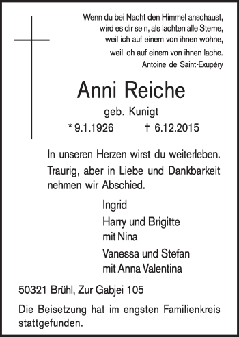 Anzeige von Anni Reiche von  Schlossbote/Werbekurier 