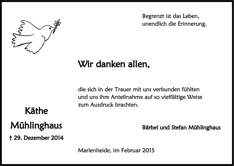  Traueranzeige für Käthe Mühlinghaus vom 07.02.2015 aus Kölner Stadt-Anzeiger / Kölnische Rundschau / Express