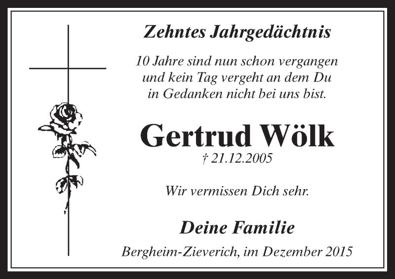  Traueranzeige für Gertrud Wölk vom 16.12.2015 aus  Werbepost 