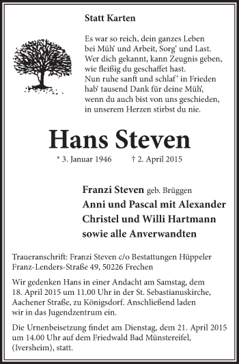 Anzeige von Hans Steven von  Sonntags-Post 