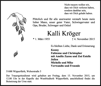 Anzeige von Kalli Kröger von Kölner Stadt-Anzeiger / Kölnische Rundschau / Express