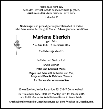 Anzeige von Marlene Eiserloh von Kölner Stadt-Anzeiger / Kölnische Rundschau / Express