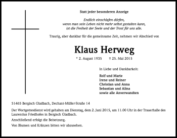 Anzeige von Klaus Herweg von Kölner Stadt-Anzeiger / Kölnische Rundschau / Express
