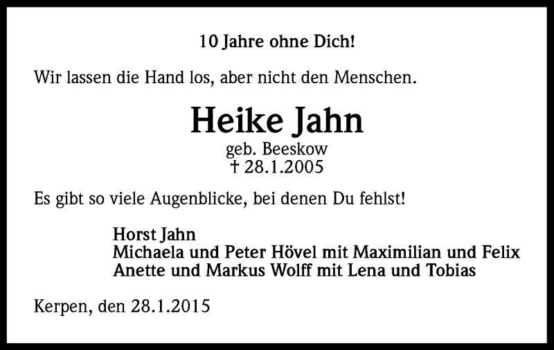  Traueranzeige für Heike Jahn vom 28.01.2015 aus Kölner Stadt-Anzeiger / Kölnische Rundschau / Express