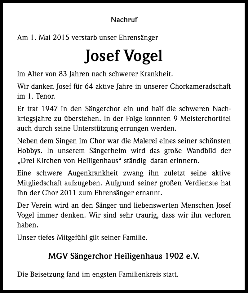  Traueranzeige für Josef Vogel vom 11.05.2015 aus Kölner Stadt-Anzeiger / Kölnische Rundschau / Express