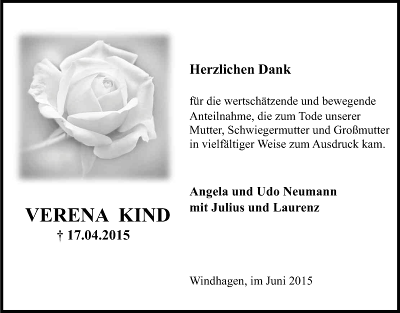  Traueranzeige für Verena Kind vom 13.06.2015 aus Kölner Stadt-Anzeiger / Kölnische Rundschau / Express