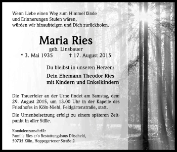 Anzeige von Maria Ries von Kölner Stadt-Anzeiger / Kölnische Rundschau / Express
