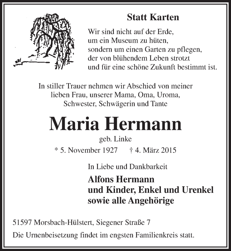  Traueranzeige für Maria Hermann vom 11.03.2015 aus  Lokalanzeiger 