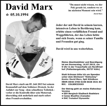 Anzeige von David Marx von Kölner Stadt-Anzeiger / Kölnische Rundschau / Express