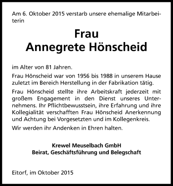Anzeige von Annegrete Hönscheid von Kölner Stadt-Anzeiger / Kölnische Rundschau / Express
