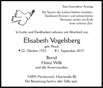 Anzeige von Elisabeth Vogelsberg von Kölner Stadt-Anzeiger / Kölnische Rundschau / Express