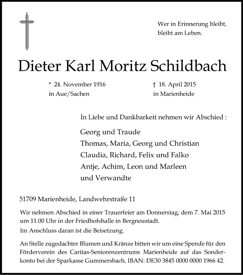  Traueranzeige für Dieter Karl Moritz Schildbach vom 28.04.2015 aus Kölner Stadt-Anzeiger / Kölnische Rundschau / Express
