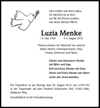 Anzeige von Luzia Menke von Kölner Stadt-Anzeiger / Kölnische Rundschau / Express