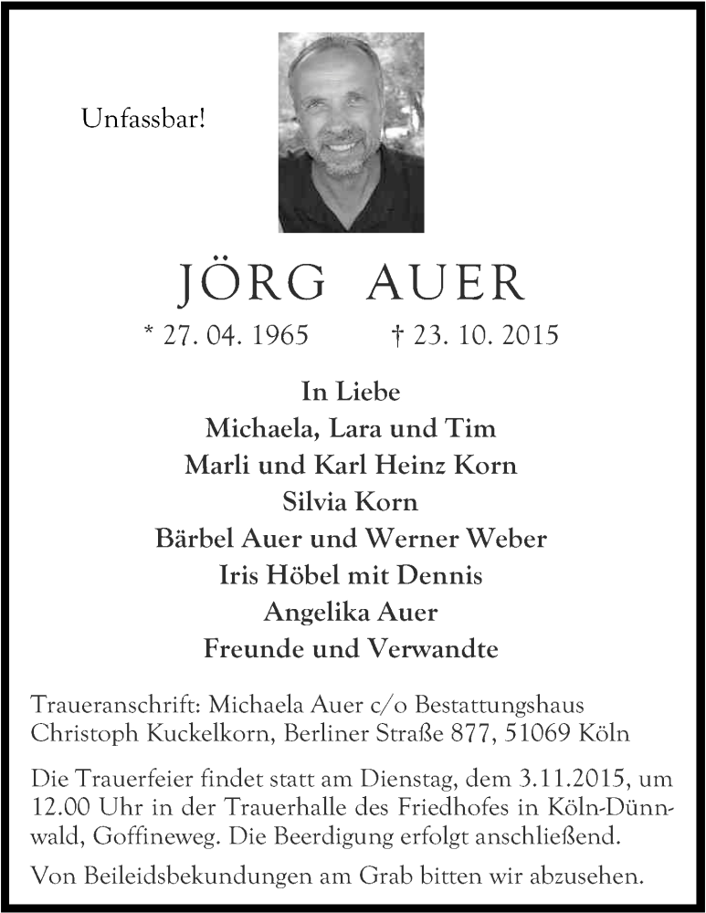  Traueranzeige für Jörg Auer vom 31.10.2015 aus Kölner Stadt-Anzeiger / Kölnische Rundschau / Express