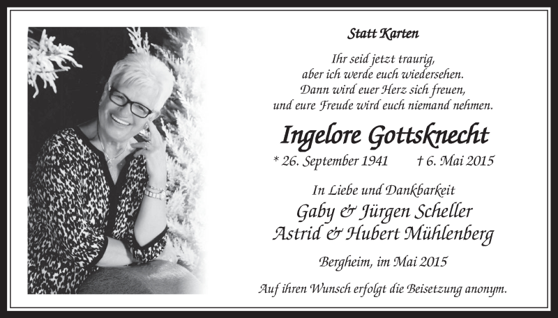  Traueranzeige für Ingelore Gottsknecht vom 13.05.2015 aus  Werbepost 