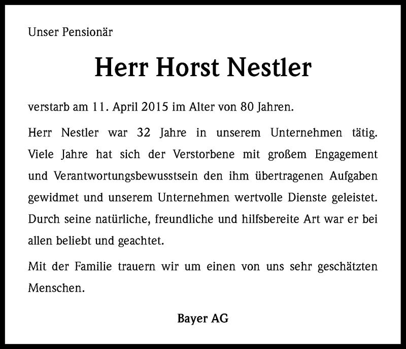  Traueranzeige für Horst Nestler vom 22.04.2015 aus Kölner Stadt-Anzeiger / Kölnische Rundschau / Express