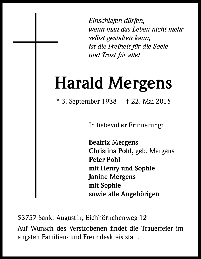  Traueranzeige für Harald Mergens vom 30.05.2015 aus Kölner Stadt-Anzeiger / Kölnische Rundschau / Express