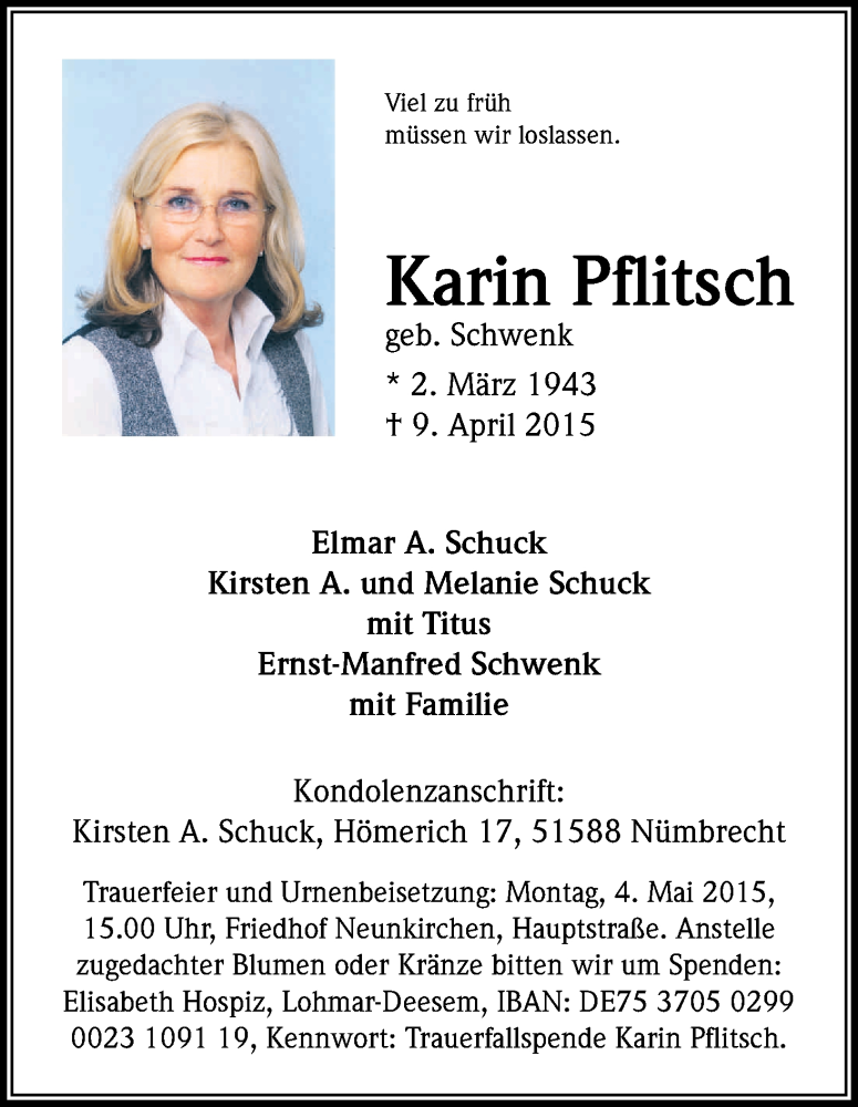 Traueranzeige für Karin Pflitsch vom 25.04.2015 aus Kölner Stadt-Anzeiger / Kölnische Rundschau / Express