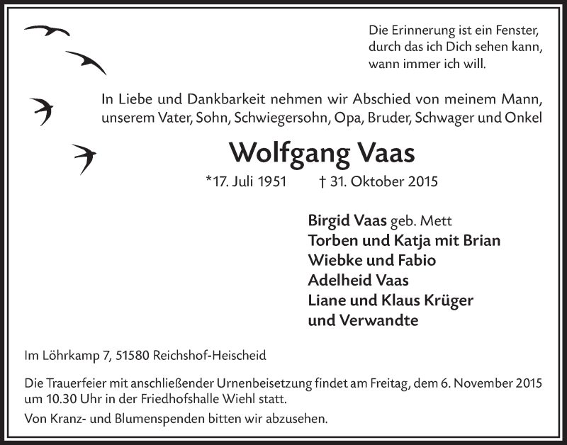  Traueranzeige für Wolfgang Vaas vom 04.11.2015 aus  Anzeigen Echo 