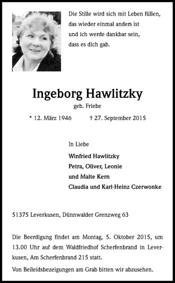 Anzeige von Ingeborg Hawlitzky von Kölner Stadt-Anzeiger / Kölnische Rundschau / Express