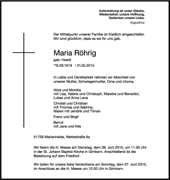 Anzeige von Maria Röhrig von Kölner Stadt-Anzeiger / Kölnische Rundschau / Express