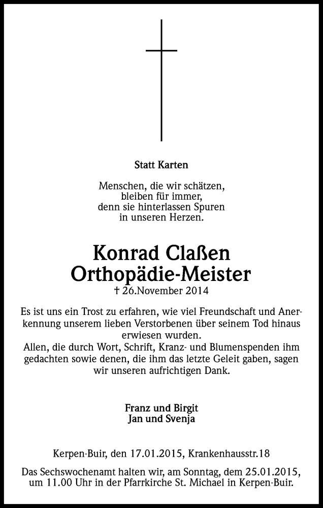  Traueranzeige für Konrad Claßen vom 17.01.2015 aus Kölner Stadt-Anzeiger / Kölnische Rundschau / Express