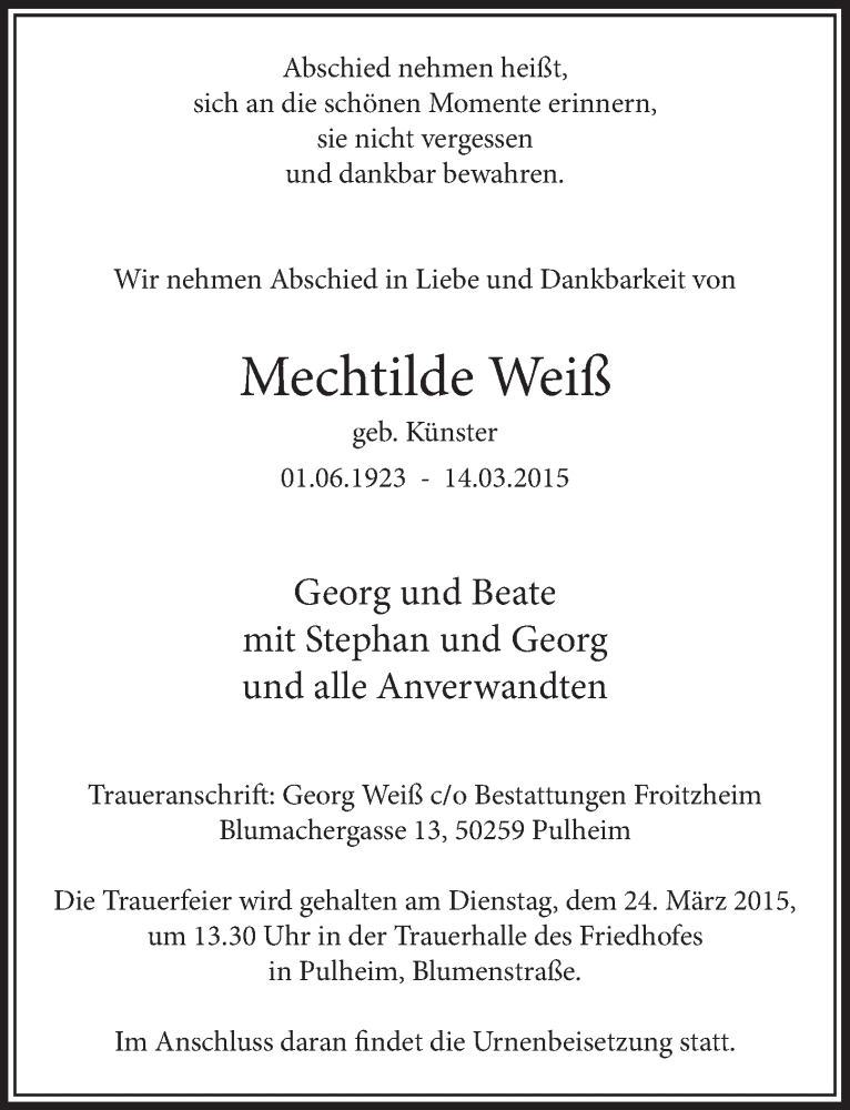  Traueranzeige für Mechtilde Weiß vom 21.03.2015 aus  Sonntags-Post 