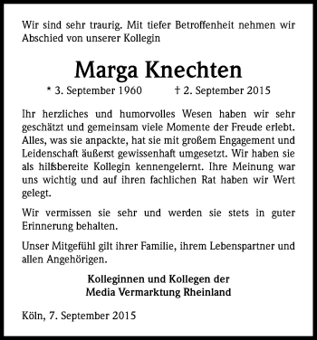 Anzeige von Marga Knechten von Kölner Stadt-Anzeiger / Kölnische Rundschau / Express