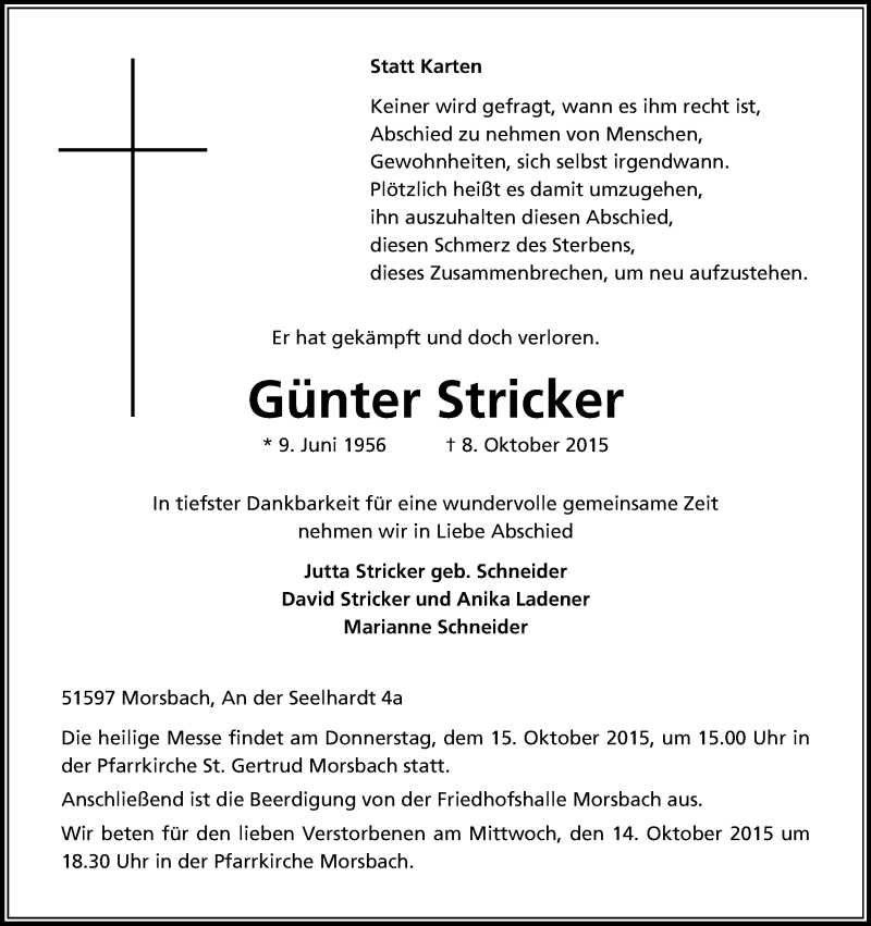  Traueranzeige für Günter Stricker vom 10.10.2015 aus Kölner Stadt-Anzeiger / Kölnische Rundschau / Express
