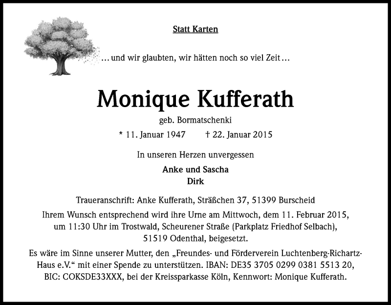  Traueranzeige für Monique Kufferath vom 07.02.2015 aus Kölner Stadt-Anzeiger / Kölnische Rundschau / Express