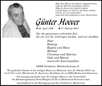 Anzeige von Günter Hoever von Kölner Stadt-Anzeiger / Kölnische Rundschau / Express