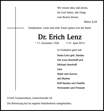 Anzeige von Erich Lenz von Kölner Stadt-Anzeiger / Kölnische Rundschau / Express