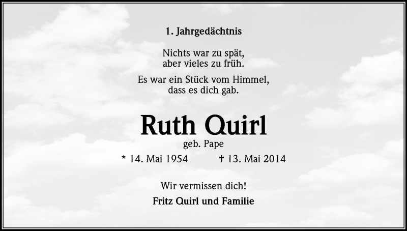  Traueranzeige für Ruth Quirl vom 13.05.2015 aus Kölner Stadt-Anzeiger / Kölnische Rundschau / Express