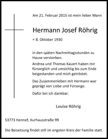 Anzeige von Hermann Josef Röhrig von Kölner Stadt-Anzeiger / Kölnische Rundschau / Express
