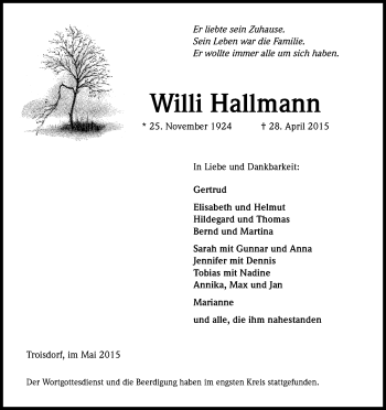Anzeige von Willi Hallmann von Kölner Stadt-Anzeiger / Kölnische Rundschau / Express