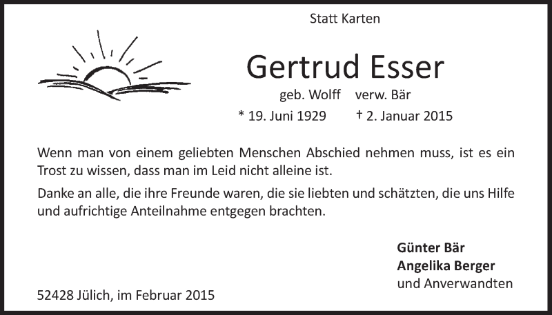  Traueranzeige für Gertrud Esser vom 04.02.2015 aus  Werbepost 