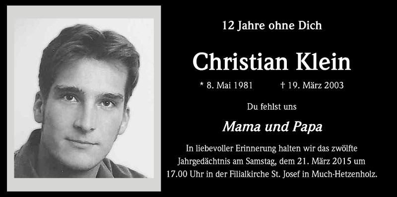  Traueranzeige für Christian Klein vom 19.03.2015 aus Kölner Stadt-Anzeiger / Kölnische Rundschau / Express