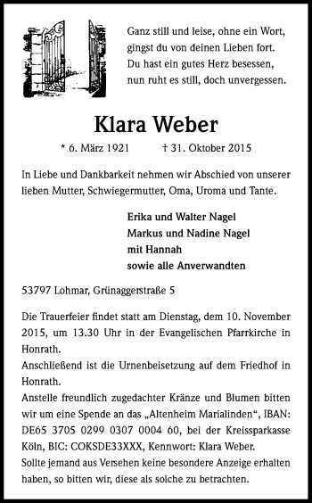 Anzeige von Klara Weber von Kölner Stadt-Anzeiger / Kölnische Rundschau / Express