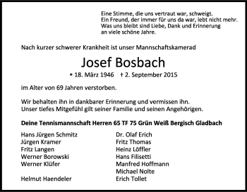 Anzeige von Josef Bosbach von Kölner Stadt-Anzeiger / Kölnische Rundschau / Express