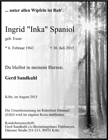 Anzeige von Ingrid Spaniol von Kölner Stadt-Anzeiger / Kölnische Rundschau / Express