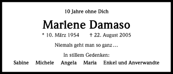 Anzeige von Marlene Damaso von Kölner Stadt-Anzeiger / Kölnische Rundschau / Express
