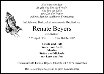 Anzeige von Renate Beyers von Kölner Stadt-Anzeiger / Kölnische Rundschau / Express