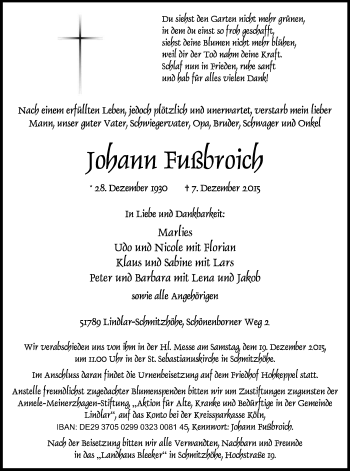Anzeige von Johann Fußbroich von Kölner Stadt-Anzeiger / Kölnische Rundschau / Express