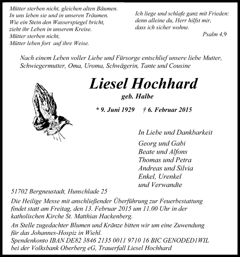 Traueranzeige für Liesel Hochhard vom 11.02.2015 aus  Anzeigen Echo 